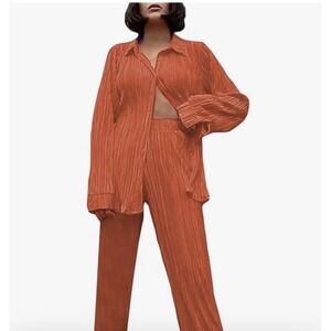 UANEO 2 Piece Copper Outfits for Women Summer Plisse Set Button Down Shirts Sets